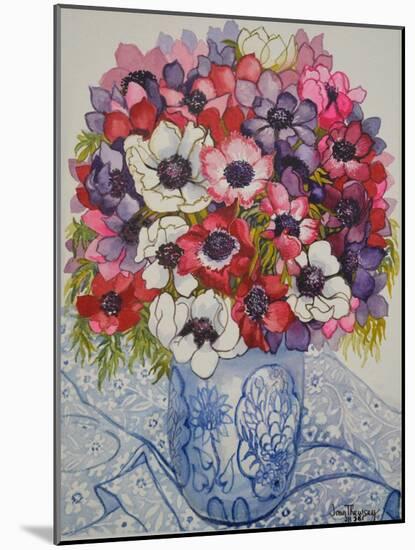 Anemones in a Blue and White Pot, with Blue and White Textile-Joan Thewsey-Mounted Giclee Print