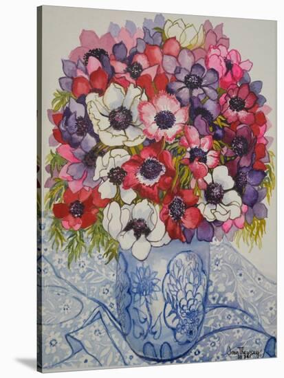 Anemones in a Blue and White Pot, with Blue and White Textile-Joan Thewsey-Stretched Canvas