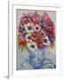 Anemones in a Blue and White Pot, with Blue and White Textile-Joan Thewsey-Framed Giclee Print