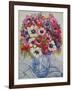 Anemones in a Blue and White Pot, with Blue and White Textile-Joan Thewsey-Framed Giclee Print