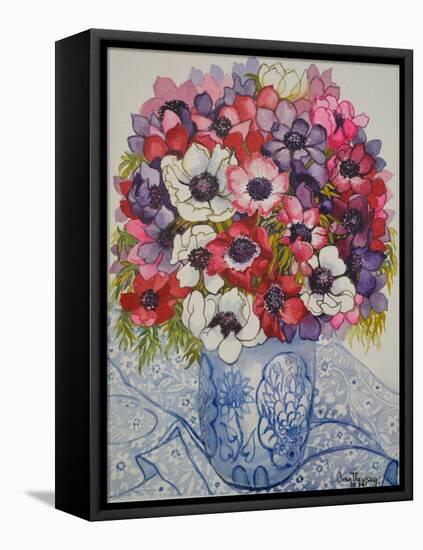 Anemones in a Blue and White Pot, with Blue and White Textile-Joan Thewsey-Framed Stretched Canvas