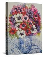 Anemones in a Blue and White Pot, with Blue and White Textile-Joan Thewsey-Stretched Canvas