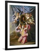 Angels Supporting an Oval Portrait of Louis Xiv before a Draped Curtain in a Landscape-Charles Lebrun (Follower of)-Framed Giclee Print