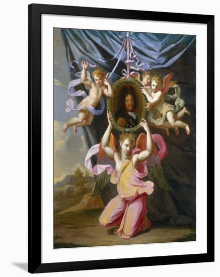 Angels Supporting an Oval Portrait of Louis Xiv before a Draped Curtain in a Landscape-Charles Lebrun (Follower of)-Framed Giclee Print