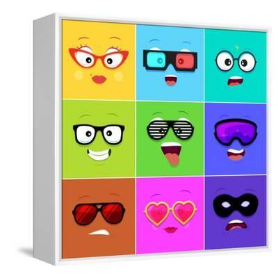 Cartoon Faces with Emotions Woman, 3D Glasses, Geek