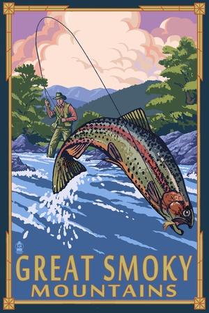 Angler Fly Fishing Scene - Great Smoky Mountains' Poster - Lantern