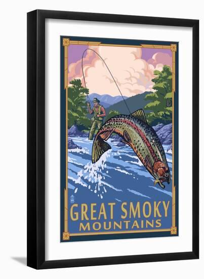 Angler Fly Fishing Scene - Great Smoky Mountains-Lantern Press-Framed Art Print