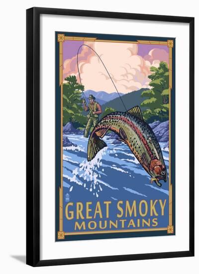 Angler Fly Fishing Scene - Great Smoky Mountains-Lantern Press-Framed Art Print