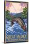 Angler Fly Fishing Scene - Great Smoky Mountains-Lantern Press-Mounted Art Print