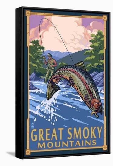 Angler Fly Fishing Scene - Great Smoky Mountains-Lantern Press-Framed Stretched Canvas