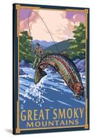 Angler Fly Fishing Scene - Great Smoky Mountains-Lantern Press-Stretched Canvas