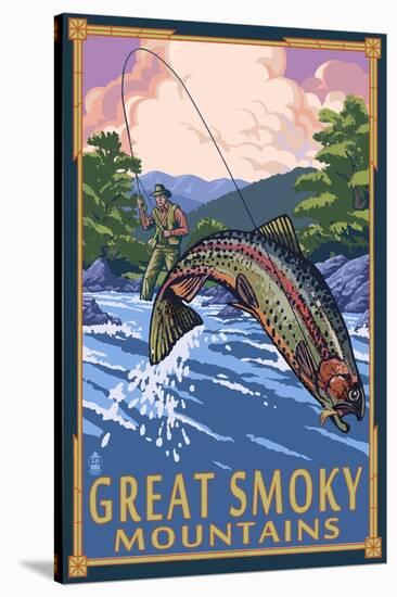 Angler Fly Fishing Scene - Great Smoky Mountains-Lantern Press-Stretched Canvas