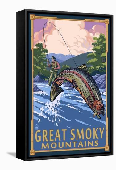 Angler Fly Fishing Scene - Great Smoky Mountains-Lantern Press-Framed Stretched Canvas