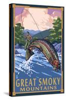 Angler Fly Fishing Scene - Great Smoky Mountains-Lantern Press-Stretched Canvas