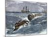 Angry Whale Chasing a Harpoon Boat-null-Mounted Giclee Print