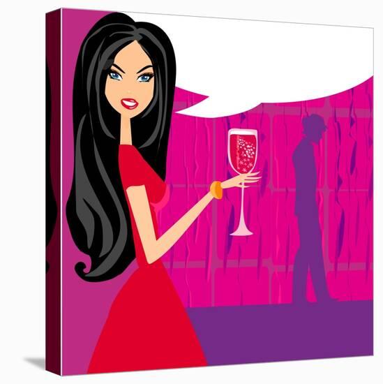 Angry Woman in Bar with Man Silhouette Drinking Cocktail-JackyBrown-Stretched Canvas