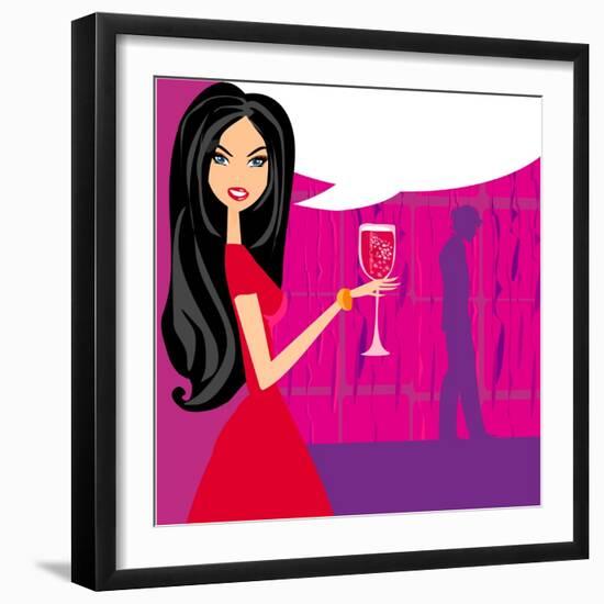Angry Woman in Bar with Man Silhouette Drinking Cocktail-JackyBrown-Framed Art Print