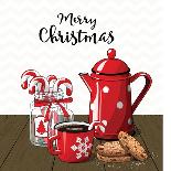 Red Vintage Coffee Pot with Cup. Glass Jar with Candy Canes and Cookies on Brown Wood, with Text Me-Anikakodydkova-Art Print