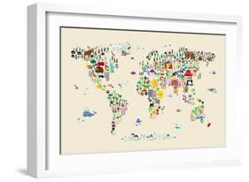 Animal Map of the World for children and kids-Michael Tompsett-Framed Art Print