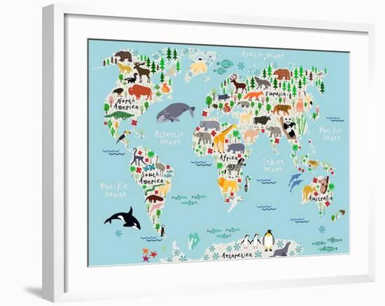 Animal Map of the World for Children and Kids-Moloko88-Framed Art Print