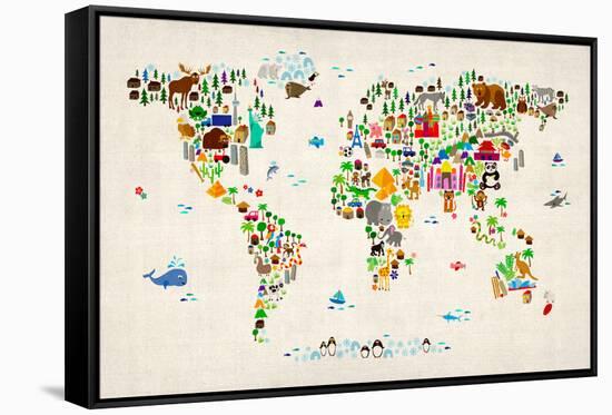 Animal Map of the World-Michael Tompsett-Framed Stretched Canvas