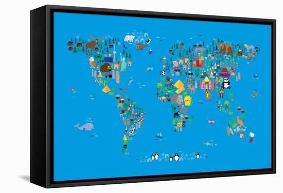 Animal Map of the World-Michael Tompsett-Framed Stretched Canvas