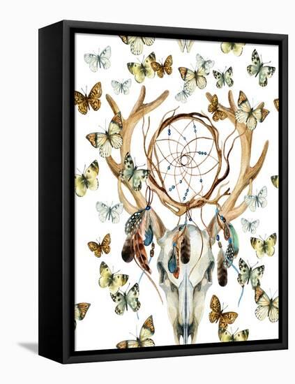 Animal Skull with Dreamcather and Butterfly-tanycya-Framed Stretched Canvas