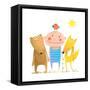 Animals and Child Friends Fox Bear Bird Kid Childish Funny in Nature Cartoon. Kids Smiling Cute Fri-Popmarleo-Framed Stretched Canvas