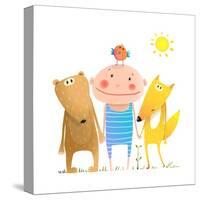 Animals and Child Friends Fox Bear Bird Kid Childish Funny in Nature Cartoon. Kids Smiling Cute Fri-Popmarleo-Stretched Canvas