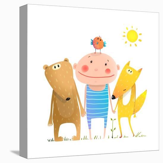 Animals and Child Friends Fox Bear Bird Kid Childish Funny in Nature Cartoon. Kids Smiling Cute Fri-Popmarleo-Stretched Canvas