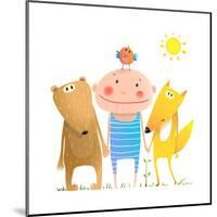 Animals and Child Friends Fox Bear Bird Kid Childish Funny in Nature Cartoon. Kids Smiling Cute Fri-Popmarleo-Mounted Art Print