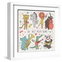 Animals - Musicians. Leopard, Zebra, Panda, Bear, Lion, Elephant, Crocodile are Playing on Classica-smilewithjul-Framed Art Print