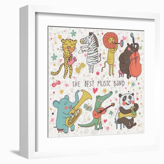 Animals - Musicians. Leopard, Zebra, Panda, Bear, Lion, Elephant, Crocodile are Playing on Classica-smilewithjul-Framed Art Print