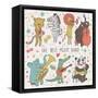 Animals - Musicians. Leopard, Zebra, Panda, Bear, Lion, Elephant, Crocodile are Playing on Classica-smilewithjul-Framed Stretched Canvas