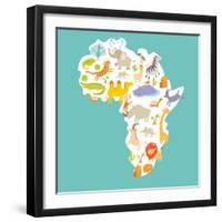 Animals World Map Africa. Colorful Cartoon Vector Illustration-coffeee_in-Framed Art Print