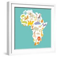 Animals World Map Africa. Colorful Cartoon Vector Illustration-coffeee_in-Framed Art Print