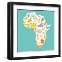 Animals World Map Africa. Colorful Cartoon Vector Illustration-coffeee_in-Framed Art Print