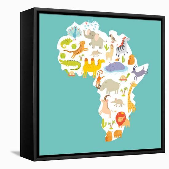 Animals World Map Africa. Colorful Cartoon Vector Illustration-coffeee_in-Framed Stretched Canvas