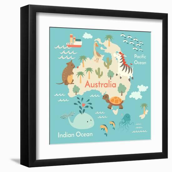 Animals World Map Australia-coffeee_in-Framed Art Print