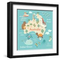 Animals World Map Australia-coffeee_in-Framed Art Print