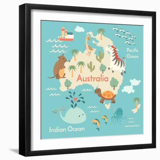 Animals World Map Australia-coffeee_in-Framed Art Print