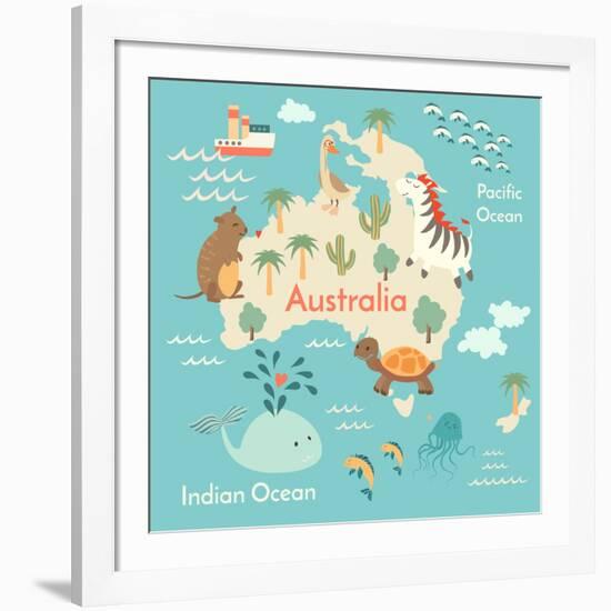 Animals World Map Australia-coffeee_in-Framed Art Print