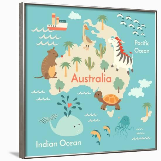 Animals World Map Australia-coffeee_in-Framed Art Print