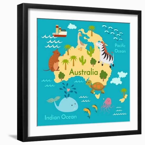 Animals World Map Australia-coffeee_in-Framed Art Print