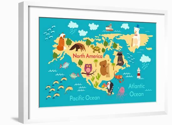 Animals World Map North America-coffeee_in-Framed Art Print