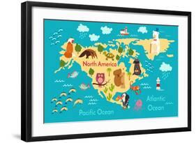 Animals World Map North America-coffeee_in-Framed Art Print