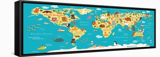 Animals World Map-coffeee_in-Framed Stretched Canvas