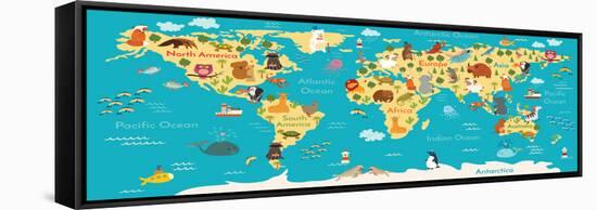 Animals World Map-coffeee_in-Framed Stretched Canvas