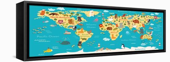 Animals World Map-coffeee_in-Framed Stretched Canvas