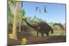 Ankylosaurus Dinosaurs Drink from a Swamp Along with an Argentinosaurus-null-Mounted Art Print